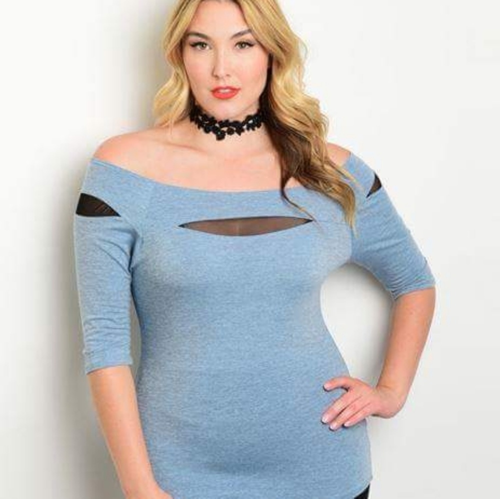 PLUS SIZE BLUE AND BLACK OFF SHOULDER TOP